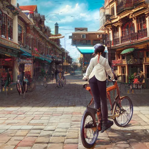Image similar to girl riding on bike through victorian town square, digital art, by ben weiner, richard estes, range murata, akiyuki shinbou, yoshitaka amano, wlop, highly detailed, realistic, cinematic, bold colours, photorealism, 4 k, wide angle lens, trending on artstation, artgerm