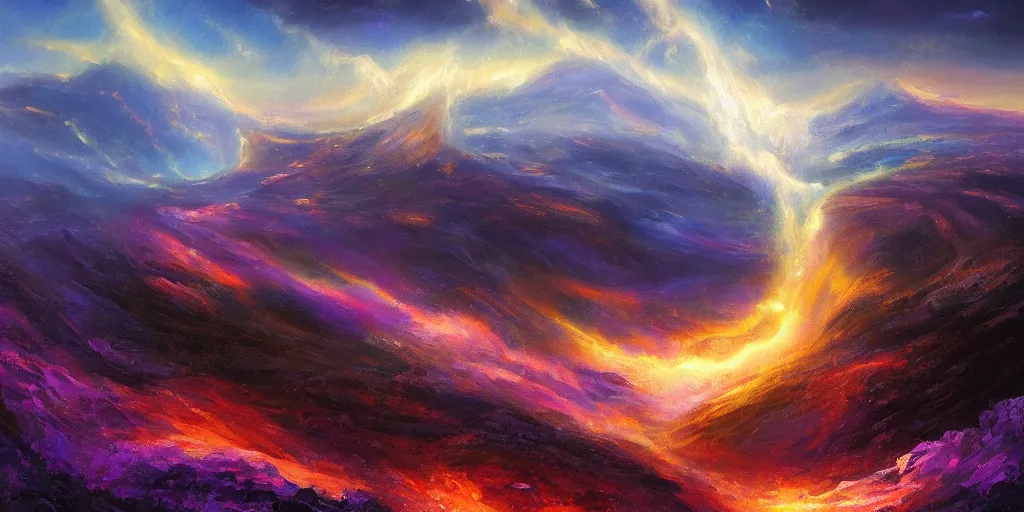 Image similar to magical explosion in a valley, fantasy, oil painting, concept art, 8 k