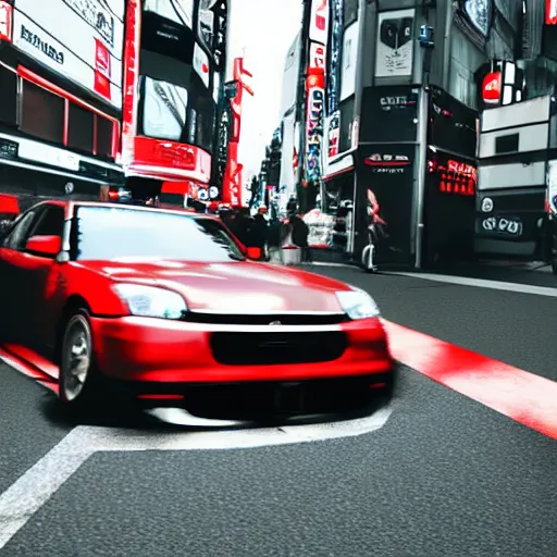 Image similar to A Jdm car drifting in shibuya streets, Hd, PhotoReal, Japanese, Moving