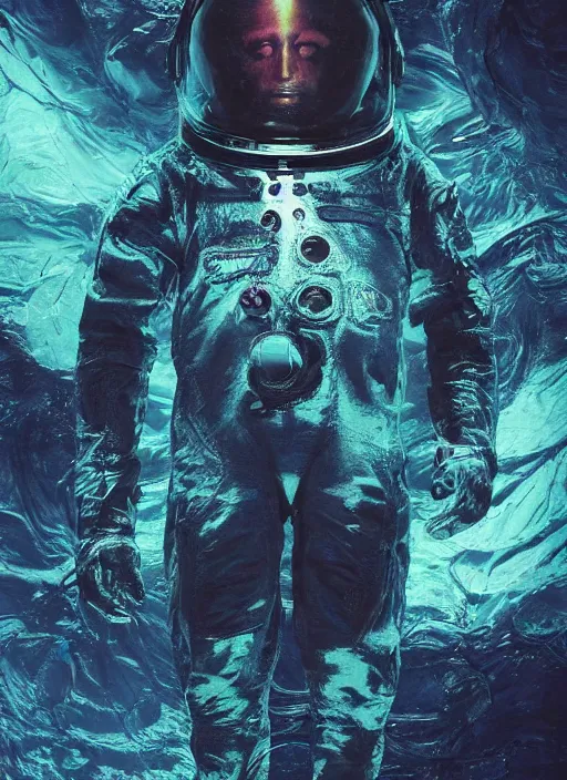 Image similar to astronauts in the dark infinite underwater void - complex and hyperdetailed technical suit, fabric material. reflection and dispersion materials. rays and dispersion of light. volumetric light. wide angle, f / 3 2. noise film photo. flash photography. ultra realistic, wide angle. poster by wayne barlowe, hajime sorayama aaron horkey, craig mullins