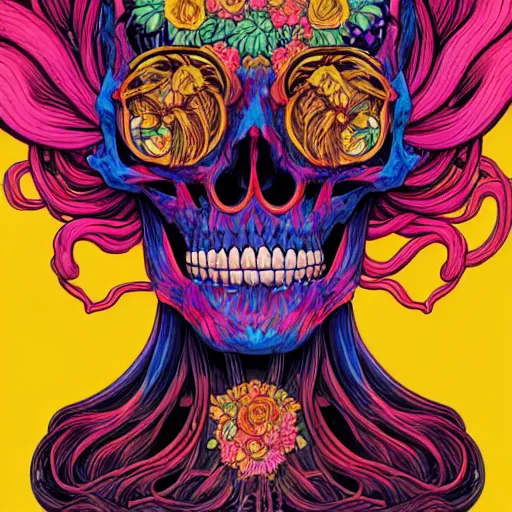 Prompt: ortographic view of a large skull with vivid flower hair by Jen Bartel and Dan Mumford and Satoshi Kon, gouache illustration