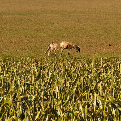 Prompt: tiny green sprouts rummaging in a corn maze chased by a wildebeest on mars, 4k photograph