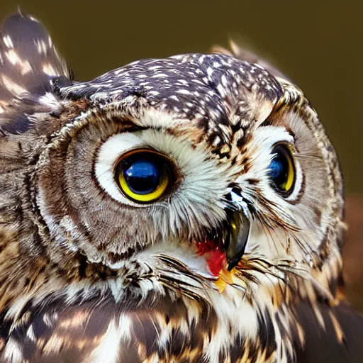 Image similar to scenic photo of an owl catching a mouse. focus on the owl's beak and eye. intricate eye. extremely large wings. extreme detail, hyperrealistic photo