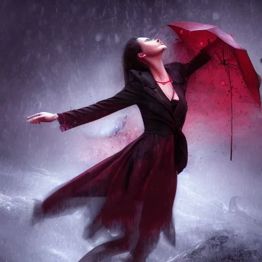 Image similar to Female vampire dancing in a rain of blood, matte painting by Artgerm, dramatic lighting