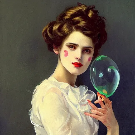 Image similar to painting skull portrait young woman holding a balloon, intricate, elegant, highly detailed,, art by jc leyendecker and singer sargent