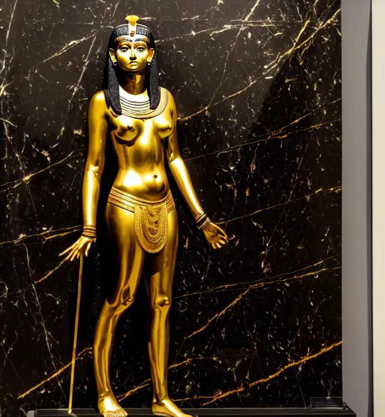 Image similar to a photo at the museum showing a black marble and gold full body sculpture of cleopatra. good quality, good light, anatomically correct, 8 k