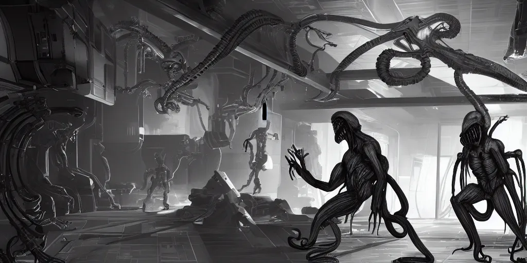 Prompt: parallax datacenter server room single mono colossus white rusty android fighting xenomorphs in artstation cinematic