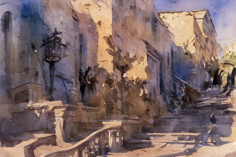 Image similar to small centered on watercolor paper, paint brush strokes, abstract watercolor painting of ancient roman arcs in bright daylight, cinematic light, national romanticism by hans dahl, by jesper ejsing, by anders zorn, by greg rutkowski, by greg manchess, by tyler edlin