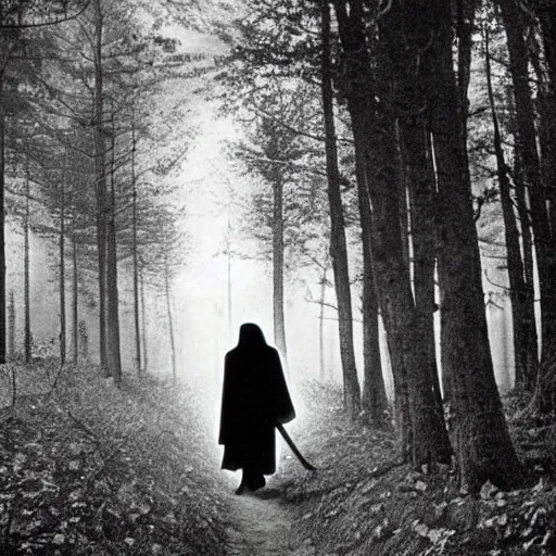 Prompt: old photograph of the grim reaper walking through the forest