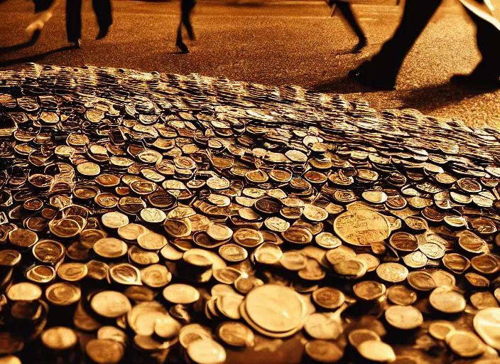 Prompt: a 3 5 mm photo from the back of a man walking over piles of coins, splash art, movie still, bokeh, canon 5 0 mm, cinematic lighting, dramatic, film, photography, golden hour, depth of field, award - winning, anamorphic lens flare, 8 k, hyper detailed, 3 5 mm film grain