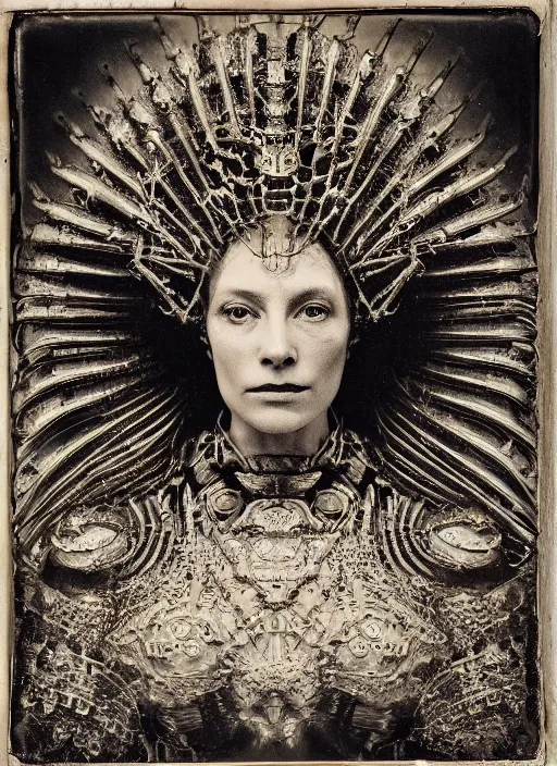 Image similar to old wetplate daguerreotype frame portrait of a futuristic silver armored queen elisabeth emperor district 9 cyborg, fractal, intricate, elegant, highly detailed, subsurface scattering, by jheronimus bosch and greg rutkowski and louis jacques mande daguerre