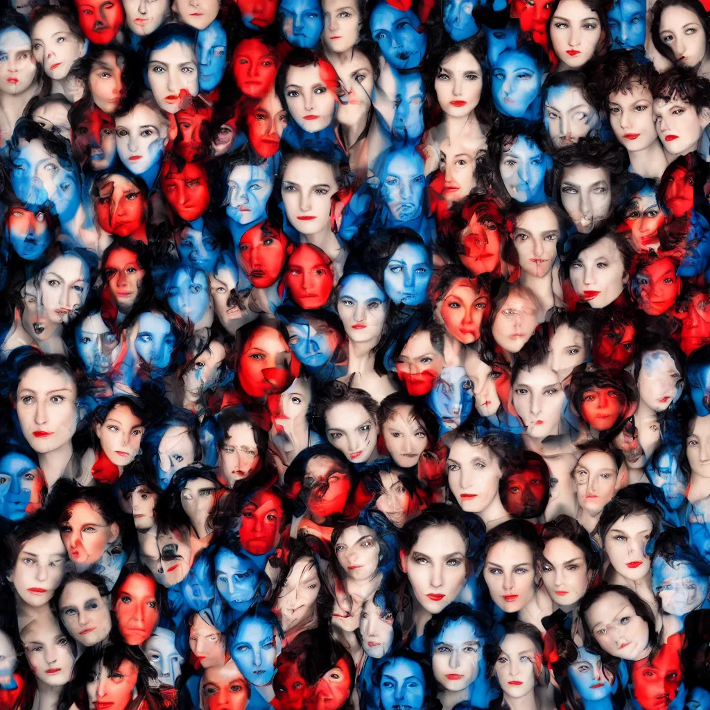 Prompt: an amalgamation of many faces, photograph, blue and red professional studio lights, gaze, editorial model, photo, annie leibovitz, steve mccurry, david lazar, 3 5 mm, f 2. 8, 8 k, detailed