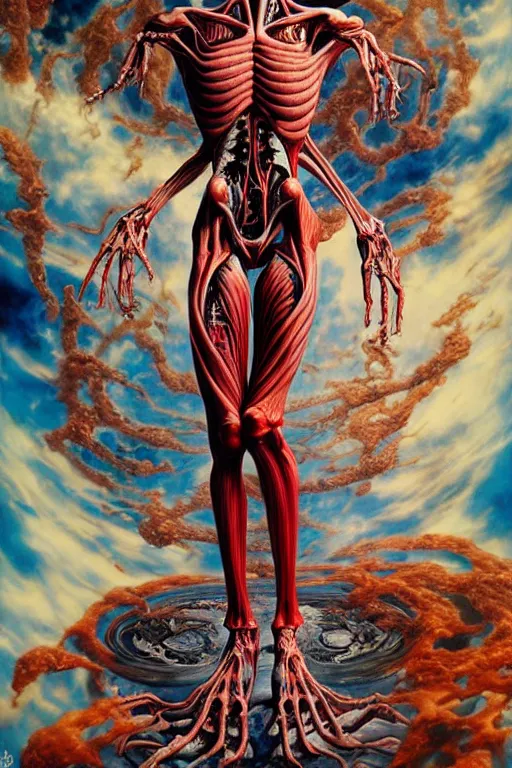 Image similar to a tall, fleshy anatomical figure with extra limbs, !!!wide eyes!!! hovering in the air, zero gravity, aliens around, rich colours, Ayami Kojima, mark brooks, hauntingly surreal, highly detailed painting by Katsuhiro Otomo, part by Adrian Ghenie, part by Gerhard Richter, Soft light 4K