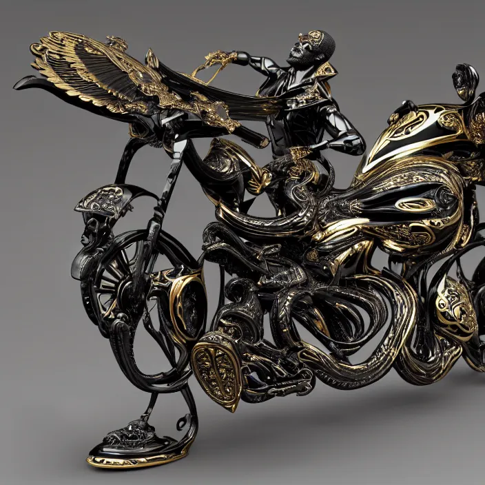 Image similar to fine art statue of masculine black egyptian man on a surrealist motorcycle, ebony art deco, carved black marble, inlaid with ebony and gold accents, ebony rococo, wings black lace wear, spider zero, zaha hadid, beautifully lit, hyper detailed, intricate, elite, ornate, photorealistic, micro details, 3 d sculpture, ray trace