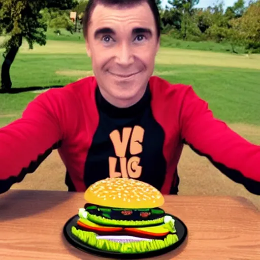 Prompt: the wiggles lead singer greg eats burger