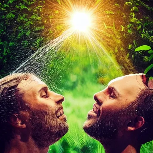 Image similar to a couple watering each other's heads which are made of plants and the sun is shining