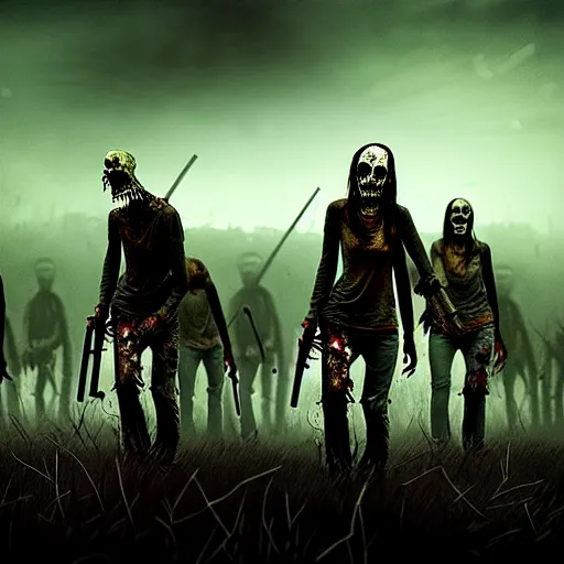 Image similar to a highly detailed scene of a zombie army, like walking dead, like night of the living dead, in the style of greg rutkowski, digital photography, photorealistic, realistic, extreme detail