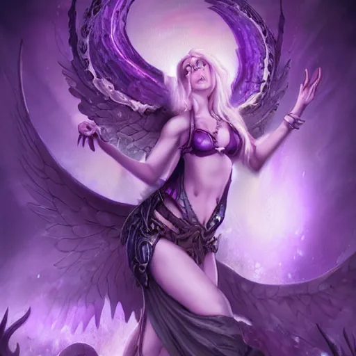 Prompt: Beautiful pale laughing succubus with wings and devil's horns, violet lighting, masterpiece, in hearthstone art style, epic fantasy style art, fantasy epic digital art, epic fantasy card game art