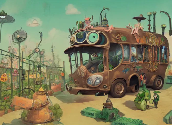 Prompt: matte sharp painting, close - up of a garden gnome driving a steampunk bus, juxtapoz, artforum, gary baseman, preston blair, tex avery, dan mumford, pedro correa