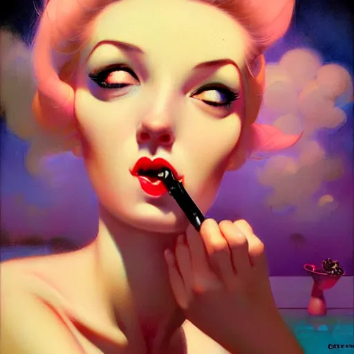 Image similar to a cute female character smoking a joint, psychedelic art,, by greg rutkowski, gil elvgren, earl moran, enoch bolles, glossy skin, pearlescent, anime, maxim magazine, morandi color scheme, art station, by ilya kuvshinov h 6 4 0