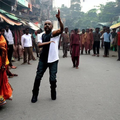 Image similar to photograph of Kanye West dancing in a street of Dhaka