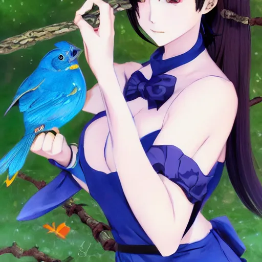 Prompt: colored pencil, anime art, beautiful full body female pinup girl, she is holding an indigo bunting bird, in her hand, the bird is wearing a bowtie, wlop, rossdraws sakimimichan, ilya kuvshinov, krenz cushart, greg rutkowski