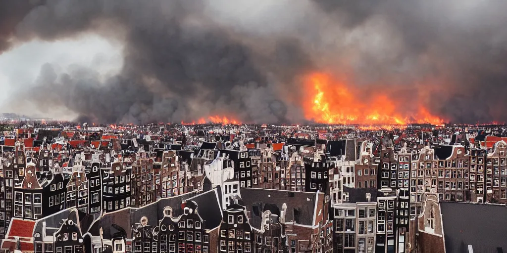 Prompt: the rooftops of amsterdam during a catastrophic fire. moody dark skies lit up by fire. photography