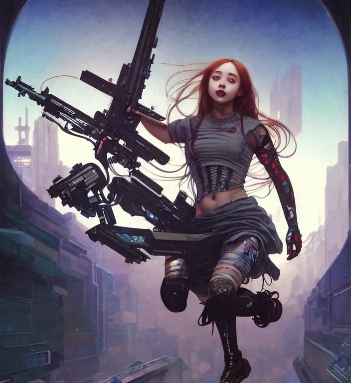 Prompt: full body painting of chuu loona cyberpunk mercenary smiling and jumping, perfect face, ultra realistic, concept art, intricate details, eerie, highly detailed, photorealistic, octane render, 8 k, unreal engine. art by artgerm and greg rutkowski and magali villeneuve and alphonse mucha