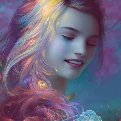Prompt: a happy girl flower in the rainbow withh flowers flying in a psicodelical dream, ultra realistic illustration, intricate, elegant, highly detailed, digital painting, artstation, concept art, smooth, sharp focus, illustration, art by artgerm and greg rutkowski and alphonse mucha