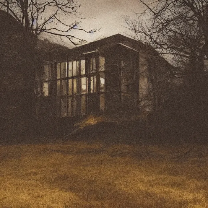 Image similar to a building in a serene landscape, horror fiction