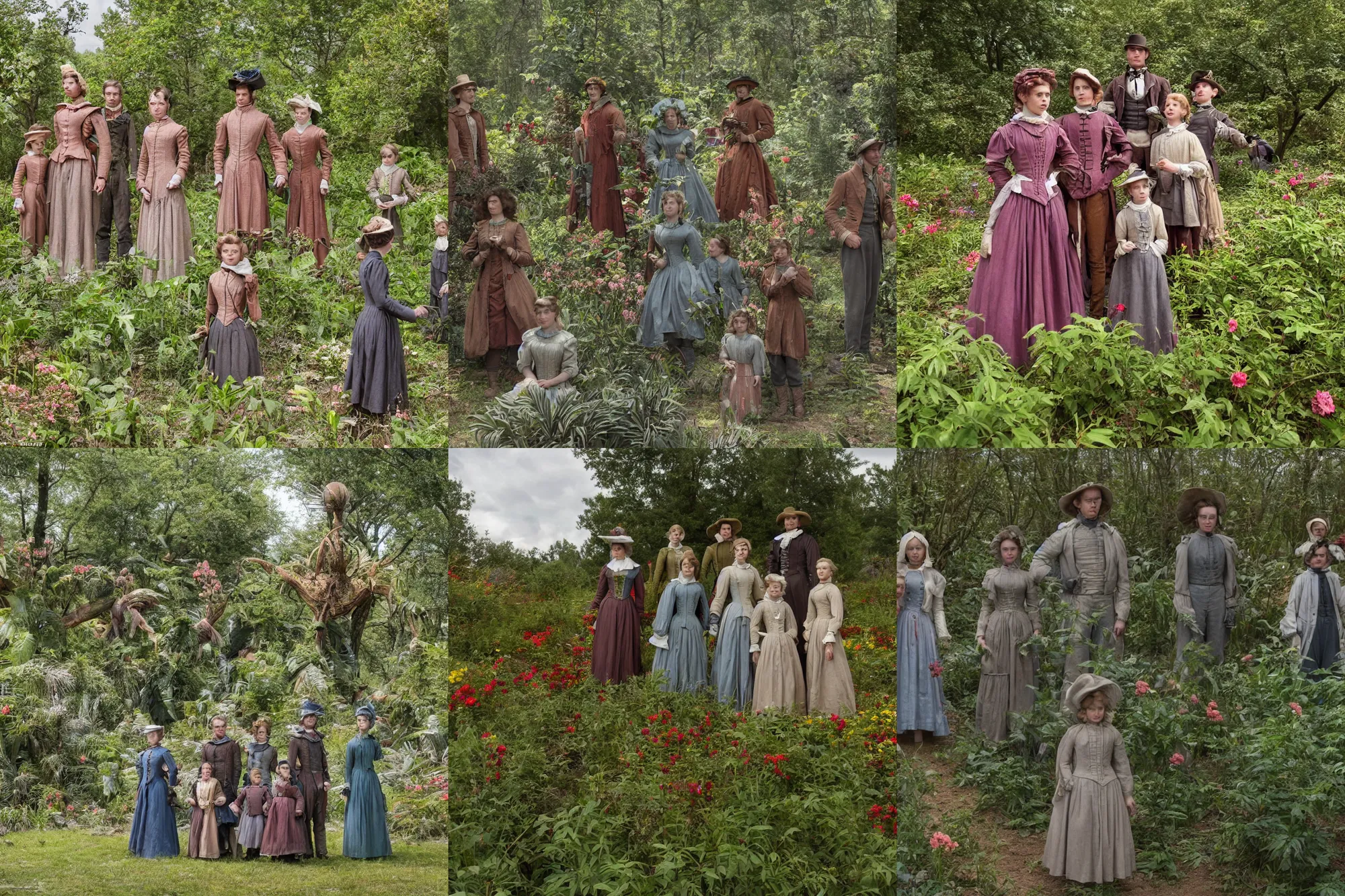 Prompt: sharp, highly detailed, 9216k film, 17500mm film still from a sci fi blockbuster color movie made in 2019, set in 1860, of a family standing in a park, next to some strange alien plants and flowers, on an alien planet, the family are all wearing 1860s era clothes, good lighting, enhanced faces, 350mm f/1.4L lens