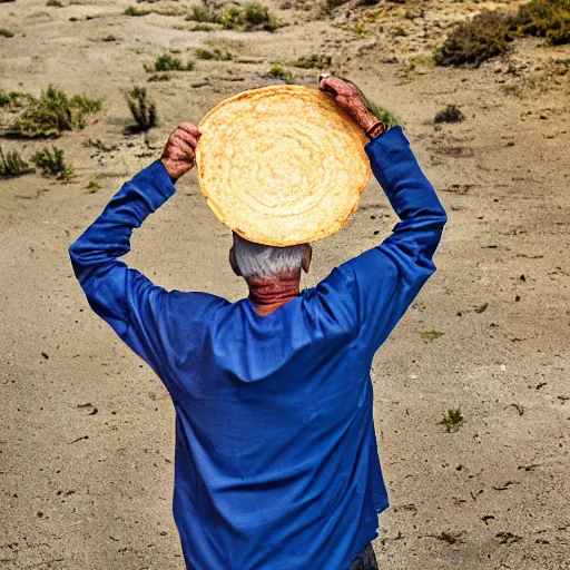 Image similar to an elderly man wearing a hat made from a tortilla, bold natural colors, national geographic photography, masterpiece, 8 k, raw, unedited, symmetrical balance