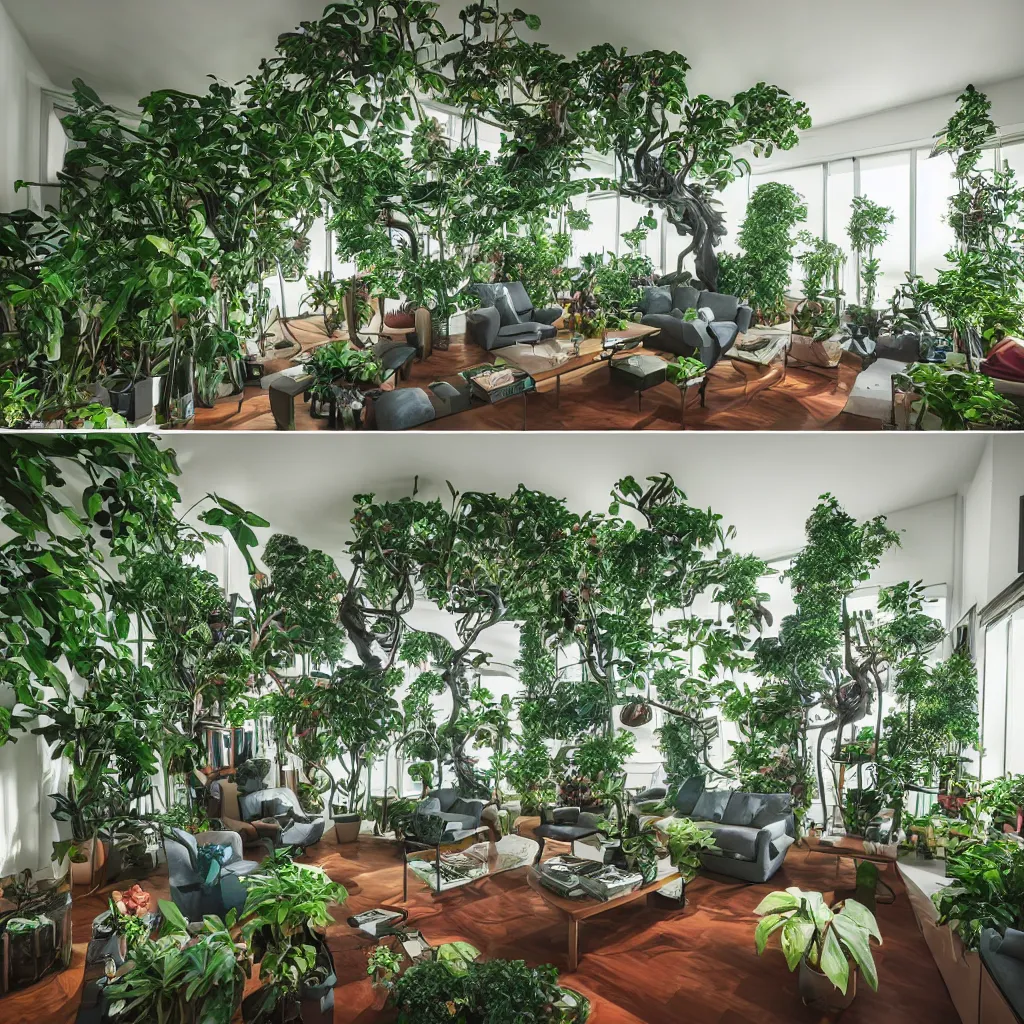 Image similar to luxury living room full of plants and trees by josan gonzalez