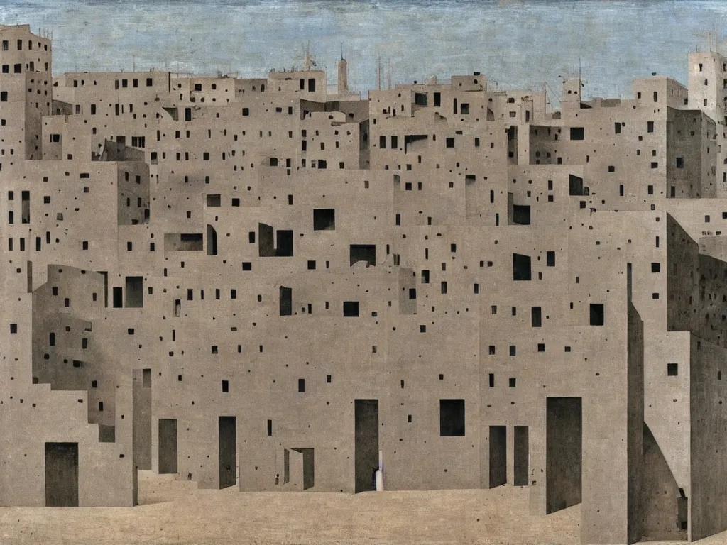 Image similar to Streets of a deserted, brutalist city that now fill with dust, sand, smoke. Dark blue sky, dried thujas. Painting by Piero della Francesca, Morandi, Yves Tanguy