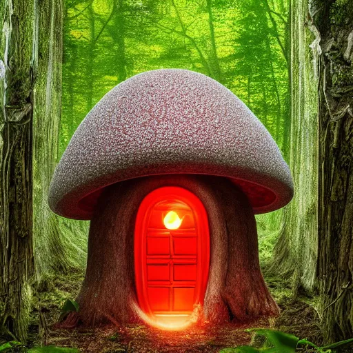 Prompt: Macro Photo of a giant glowing redcap mushroom house in a magical forest, with a door and windows