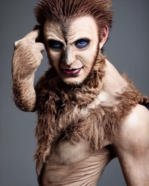 Prompt: actor Chris Evans in Elaborate Pan Satyr Goat Man Makeup and prosthetics designed by Rick Baker, Hyperreal, Head Shots Photographed in the Style of Annie Leibovitz, Studio Lighting