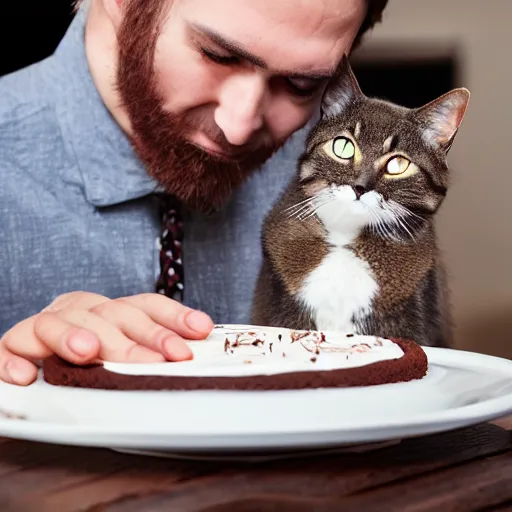 Image similar to a sinister cat sitting on a lap of a man looking at a chocolate cake on a table, photography, award - winning, hyper detailed, 4 k, smooth, sharp focus, trending