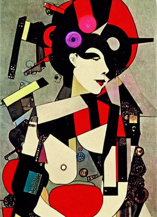 Image similar to cute punk goth fashion fractal alien martian young Debbie Harry wearing kimono made of circuits and leds, surreal Dada collage by Man Ray Kurt Schwitters Hannah Höch Alphonse Mucha, red and black