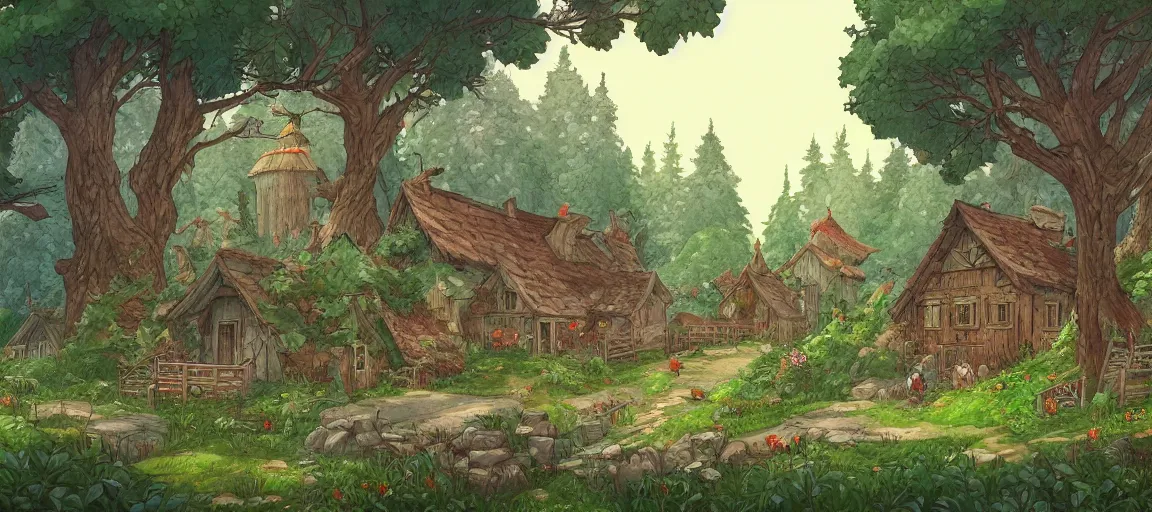 Prompt: Beautiful detailed high quality illustration of a Slavic village, beautiful forest on background::art by Ghibli Studio, League of Legends, Arcane, Wild Rift, trending on artstation