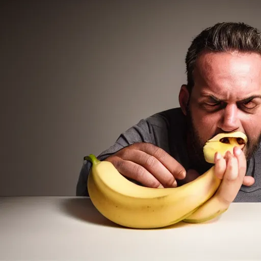 Prompt: man eating a banana in dramatic lighting studio portrait award winning photo