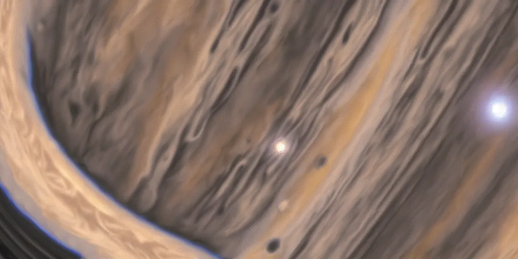 Prompt: close up photo of a spaceship flying on Jupiter's storm, unreal 5, alien life, ray tracing, foggy, gas