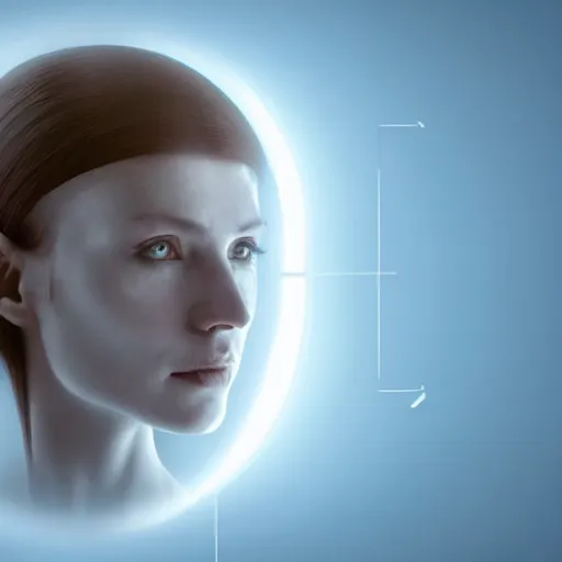 Image similar to A wide bottom camera shot view of a svelte female human with minimalistic bionic implants with artificial general intelligence integrated in her skull in the center of a white minimalistic room with fog in the bottom and light coming from a blue window on the ceiling that lights her skull with blue in the vast white room