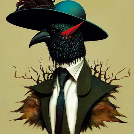 Image similar to ( ( ( head and shoulders portrait of a kenku crow person wearing a porkpie hat ) ) ), d & d, fantasy, dave mckean, peter mohrbacher