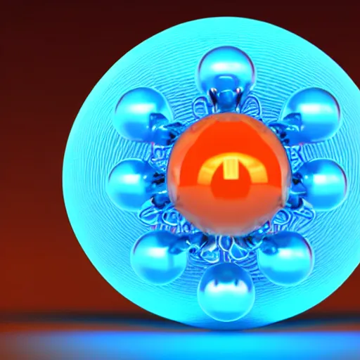 Prompt: classic 3 d model of molecule, made out of glass marbles and chrome steel rods, blue and orange, octane render, studio light, 3 5 mm, ai enhanced