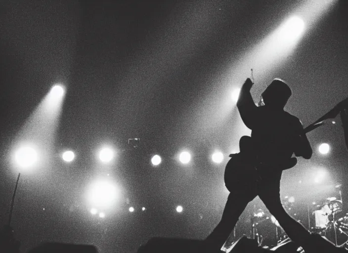 Image similar to a 2 8 mm macro photo from the back of a guitarist in the spotlight on stage at a festival in silhouette in the 1 9 6 0 s, bokeh, canon 5 0 mm, cinematic lighting, dramatic, film, photography, golden hour, depth of field, award - winning, 3 5 mm film grain