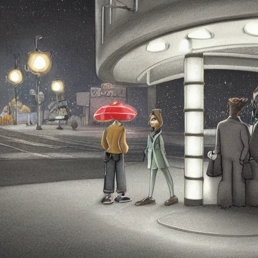 Prompt: a some people waiting in a lone bus stop in quiet dark city night in Disney Pixar's Up,detailed