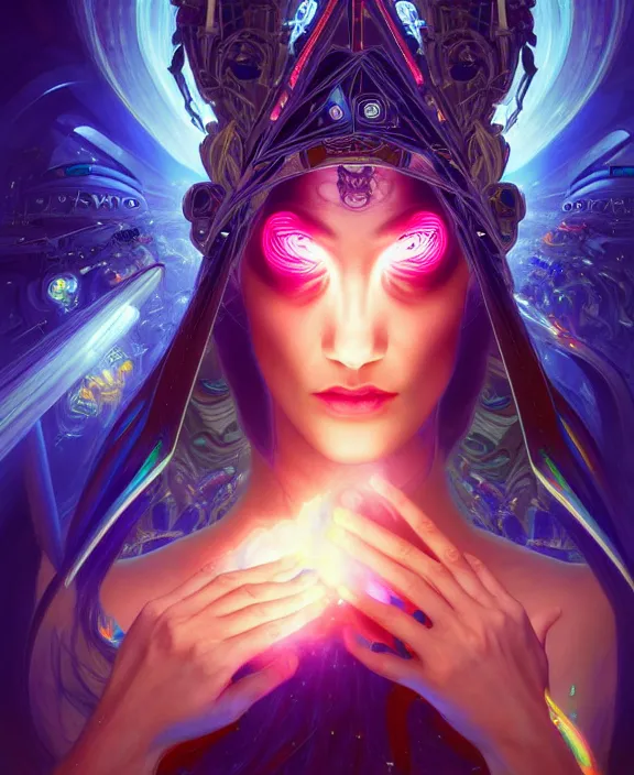 Image similar to a whirlwind of souls rushing inside the metaverse, half body, glowin eye, tiara with sapphire, pharaoh, android, cyborg, cyberpunk face, d & d, fantasy, intricate, elegant, highly detailed, colorful, vivid color, digital painting, artstation, concept art, art by artgerm and greg rutkowski and alphonse mucha and ruan jia