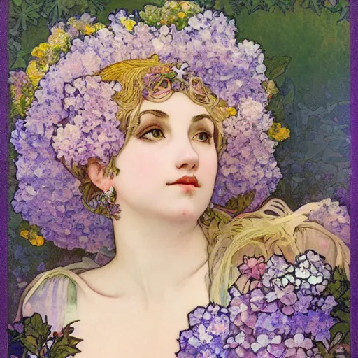 Prompt: lilac hair goddess of light through hydrangeas flowers, soft rose and dried petals, alphonse mucha style, painterly, highly detailed, 8 k,