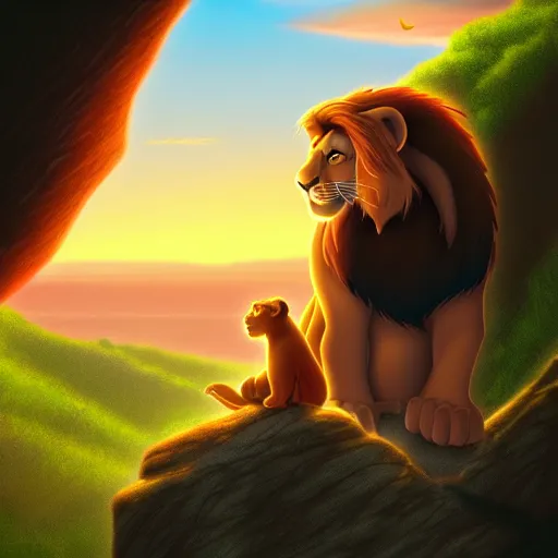 Prompt: the lion king watching the sunset from a cave, digital art, trending on artstation, HDR, Pixar style