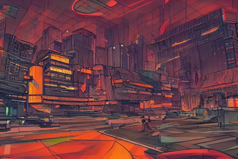 Image similar to orange government building, cyberpunk city, studio gainax art, intricate electronics, moody lighting